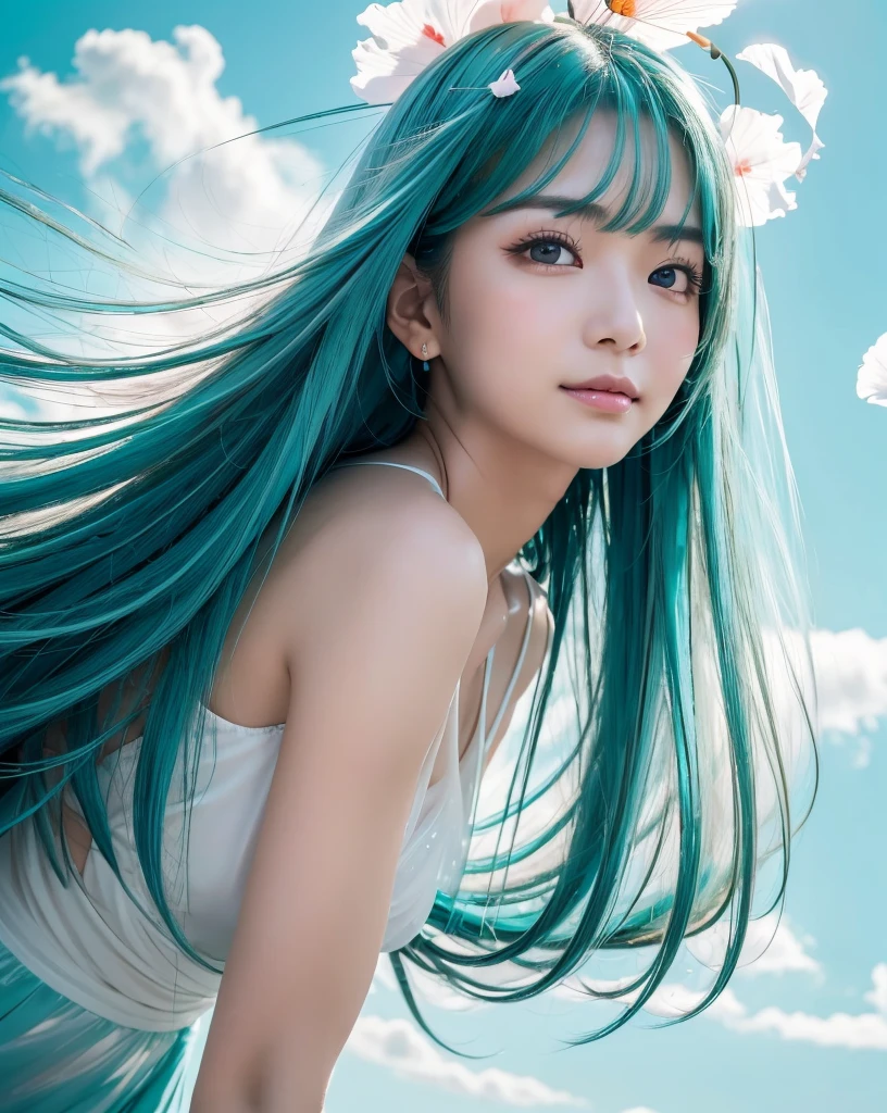 (Highest quality, 32k, High resolution, Masterpiece:1.5, ), marimo_jet, god々A photograph with brilliant dazzling and healing power., Evoking a sense of calm and elusive beauty, Expressing emotions, Have a rich imagination, Beautiful Japanese Girls, ((Low - Angle:1.4)), An exceptionally beautiful face, Small Face Beauty, Perfect Human Anatomy, Magical big eyes, Motherhood and generosity, Deep Love, fleeting smile, ((Shiny turquoise hair:1.4)), Super long straight silk hair swaying in the wind, Asymmetrical bangs, Hair between the eyes, Transparent, soft white skin, Sharp eyebrows, Thin lashes, Natural Makeup, Cheek highlighter, Lips with fine detail, (White see-through camisole:1.4), High resolutionの完璧な鎖骨, High resolutionの美しい胸元, Slim figure with ample breasts, High resolutionの美しい太もも, ((Beautifully detailed skies:1.2)), ((Vibrant petal effect:1.3)), Professional photographer, Professional Lighting, Professional models, god秘的