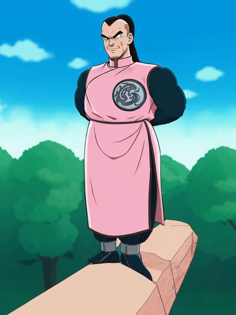 Tao Pai Pai is a character from the anime and manga series Dragon Ball.. He is an extremely skilled and dangerous hitman.. 

Tao Pai Pai is a tall and thin man., with an athletic and muscular build. He has a bald spot on the top of his head and has long dark hair that falls down his back.. His eyes are small and sharp, and has a tattoo in the shape of a spiral on his forehead.

He wears a dark blue suit, with black boots and white gloves. Carry a large backpack with a built-in antenna, which he uses to fly at high speed and perform surprise attacks. He always carries his characteristic saber on his belt., an extremely sharp sword that he uses masterfully in combat.

Tao Pai Pai is an enemy feared for his brutality and lethal combat skills.. His relentless determination and ruthless nature make him one of the most dangerous villains in Dragon Ball..