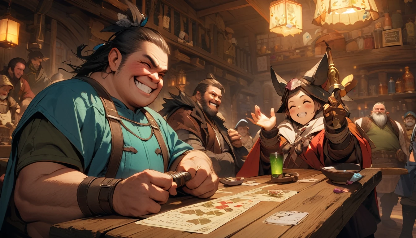 (masterpiece:1.4), (Highest quality:1.4), Very detailed, Complex, Very detailed, shape,Soft lighting, Tavern, More than one personで語り合う, Hopeful Face, smile, More than one person, Mixed gender, a group of adventurers, character from RPG games, (character: human, Fairy, Fairy, Dwarf, The Hobbit), (exterior: Swordsman Style, Shaman Style, Monk Style, Magician style), (belongings: Long sword, dagger, Holy Staff, Magic wand, shield, metal armor, Leather Armor), Perfectly accurate anatomical shape、All limbs intact、Perfect full finger, Colorful characters, Drinking alcohol and having fun, Huge, Majestic, Uplifting expressions, みんなのsmileが素晴らしい.