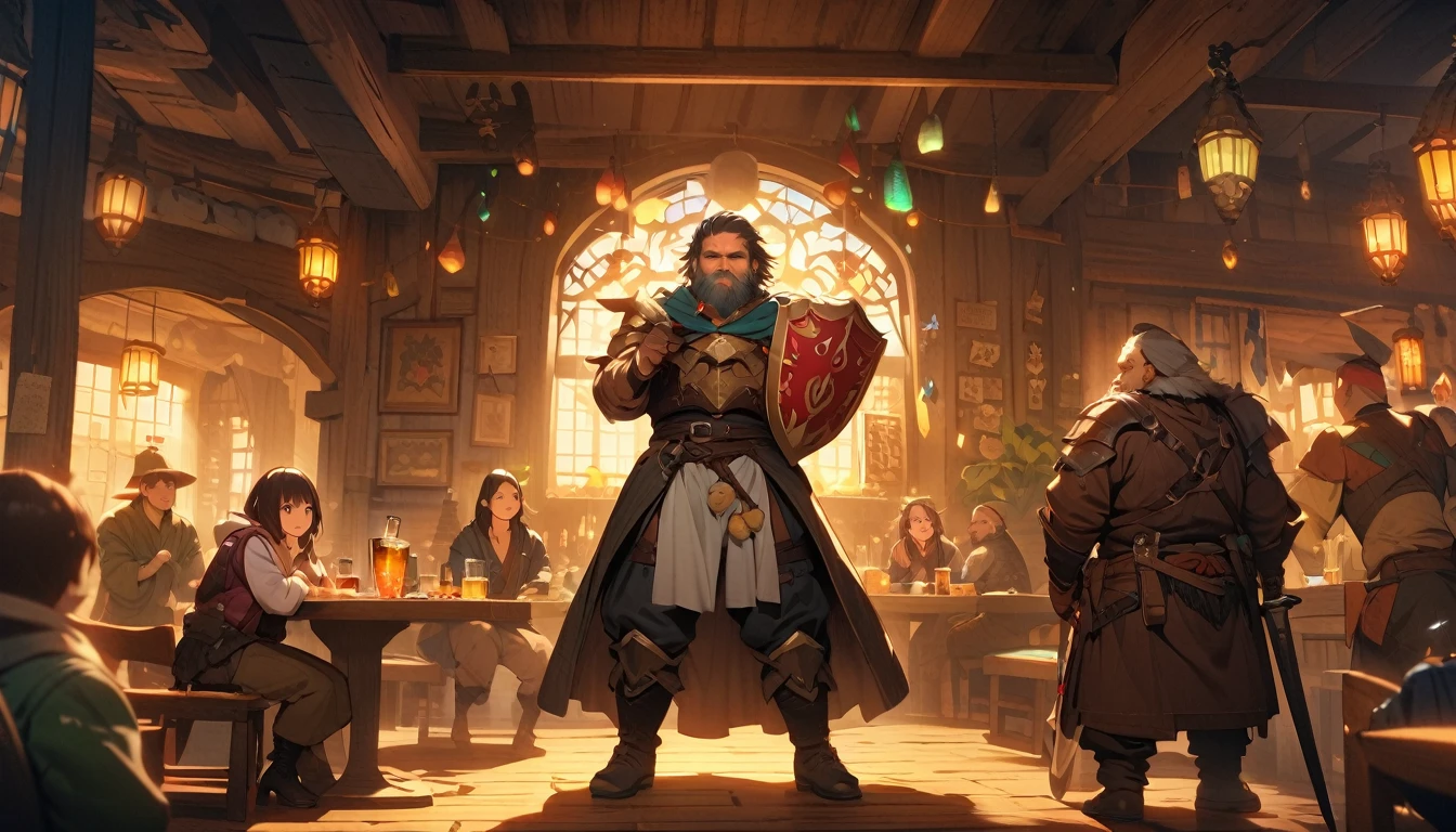 (masterpiece:1.4), (Highest quality:1.4), Very detailed, Complex, Very detailed, shape,Soft lighting, Tavern, More than one personで語り合う, Hopeful Face, smile, More than one person, Mixed gender, a group of adventurers, character from RPG games, (character: human, Fairy, Fairy, Dwarf, The Hobbit), (exterior: Swordsman Style, Shaman Style, Monk Style, Magician style), (belongings: Long sword, dagger, Holy Staff, Magic wand, shield, metal armor, Leather Armor), Perfectly accurate anatomical shape、All limbs intact、Perfect full finger, Colorful characters, Drinking alcohol and having fun, Huge, Majestic, Uplifting expressions, みんなのsmileが素晴らしい.