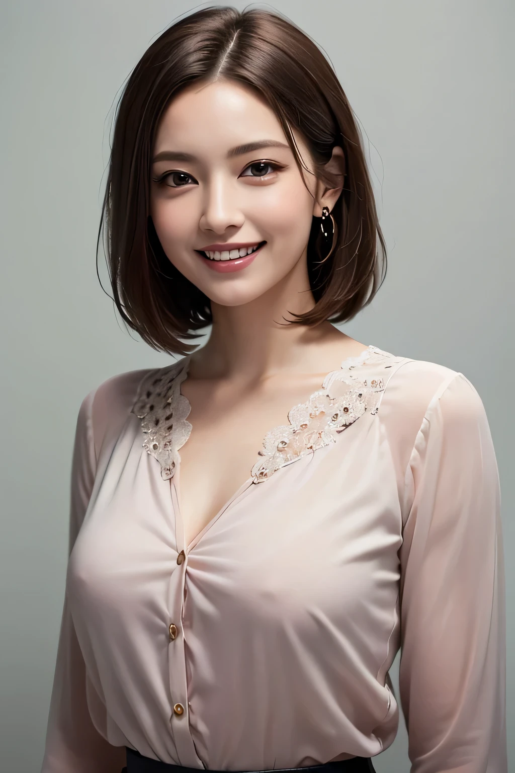 ((masterpiece)), ((Highest quality)), ((Complex)), ((Surreal)), (Realistic), (Mature Woman), ((There are no classes)), Very detailed, (1 female), Beautiful and exquisite, (Beautiful Teeth), Grin, Brunette Bob Hair, Brown eyes, ((blouse)), (Upper Body), (background:none), Perfect Eyes, Captivating eyes, Looking at the audience