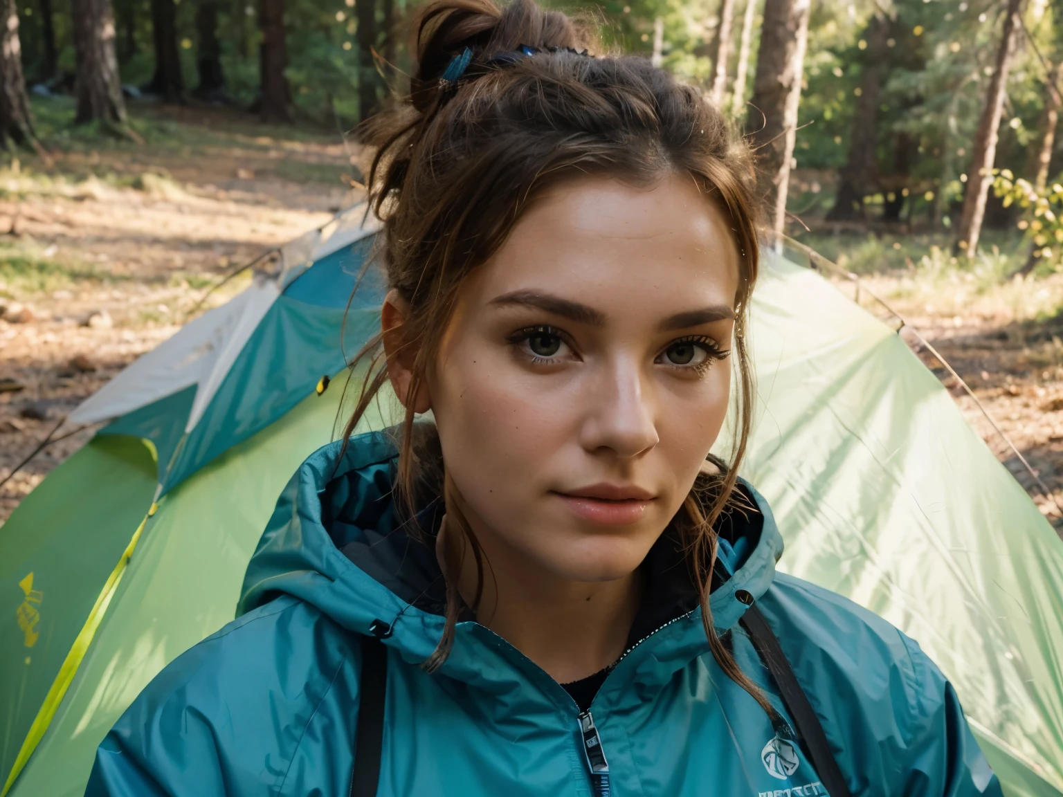 a pretty woman dressed in camping clothes with hair in a bun body portrait perfect face pretty with perfect face hyper realistic concept 8k resolution photo quality posing for a picture realistic photo in forest with tent
