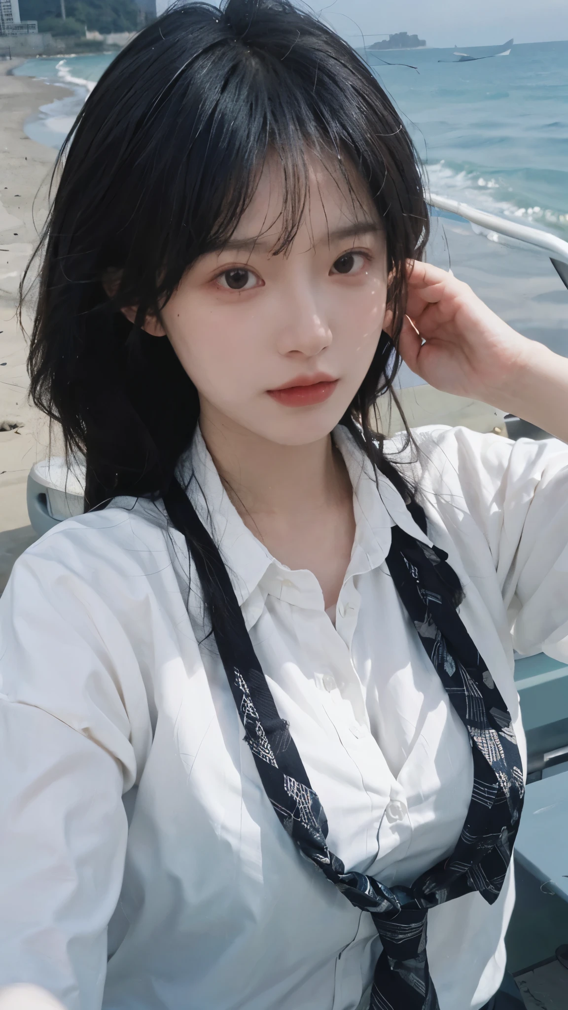 Best quality,masterpiece,Ultra-high resolution,16K,Beach Background,(Photo Realism:1.4),1 Girl,JK,Sexy,(Shirt and Tie:1.2),(Big breasts:1.3),(Upper body:1.4)
