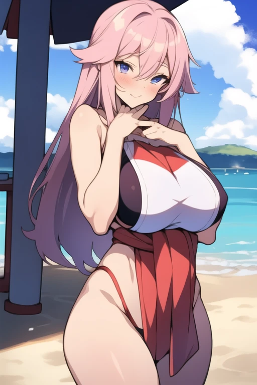 creates a 22-year-old anime girl in a pink swimsuit with her hands on her big-breasted waist in a landscape of a famous beach