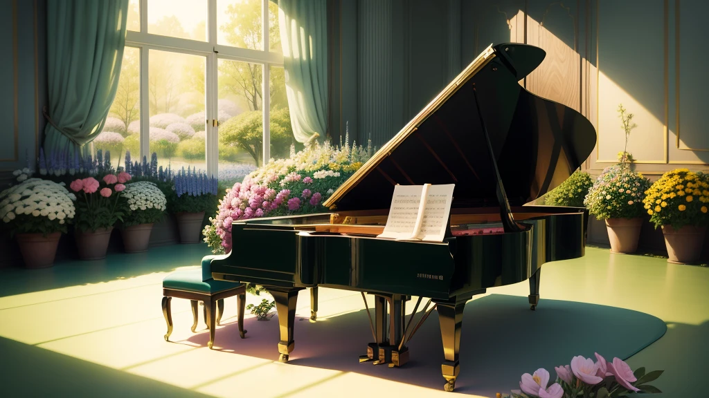 Whimsical Cartoon-like illustration of a fantastic world In the wilderness The outside world piano unmanned Flower Field 花で覆われたpiano Natural soft light Herreiris flower Foliage plant colorful Flowers in the room Artwork bid warm Modern Sophisticated In a dream liberation Open