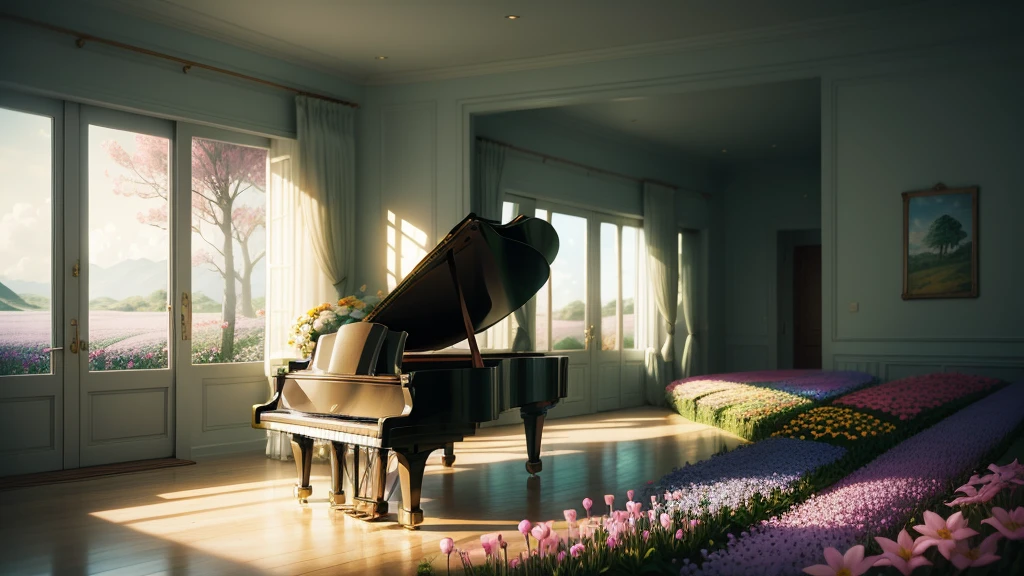 Whimsical　Cartoon-like illustration of a fantastic world　In the wilderness　The outside world　piano　unmanned　Flower Field　花で覆われたpiano　Natural soft light　Herreiris flower　Foliage plant　colorful　Flowers in the room　Artwork　bid　warm　Modern　Sophisticated　In a dream　liberation　Open