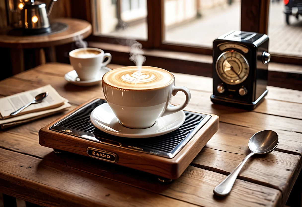 Generate a highly detailed and visually appealing photo of a cup of cappuccino and an antique radio placed on a wooden table. The cappuccino should be in a ceramic cup with intricate latte art on the frothy milk, steam rising gently from the cup. The antique radio should have a vintage design with dials, knobs, and a wooden exterior, showing signs of age and character. The wooden table is rustic, with visible grain and texture, adding to the cozy atmosphere. Soft, warm lighting from a nearby window casts gentle shadows, creating a nostalgic and inviting scene. The background should be softly blurred, perhaps hinting at a cozy café or a vintage-themed room, to keep the focus on the cappuccino and the radio. This photo should evoke a sense of comfort and nostalgia, capturing the charm of blending modern and vintage elements.