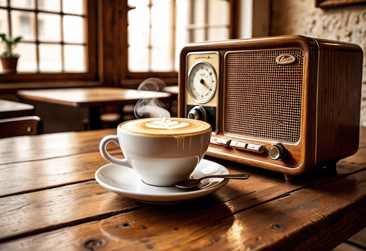 Generate a highly detailed and visually appealing photo of a cup of cappuccino and an antique radio placed on a wooden table. The cappuccino should be in a ceramic cup with intricate latte art on the frothy milk, steam rising gently from the cup. The antique radio should have a vintage design with dials, knobs, and a wooden exterior, showing signs of age and character. The wooden table is rustic, with visible grain and texture, adding to the cozy atmosphere. Soft, warm lighting from a nearby window casts gentle shadows, creating a nostalgic and inviting scene. The background should be softly blurred, perhaps hinting at a cozy café or a vintage-themed room, to keep the focus on the cappuccino and the radio. This photo should evoke a sense of comfort and nostalgia, capturing the charm of blending modern and vintage elements.