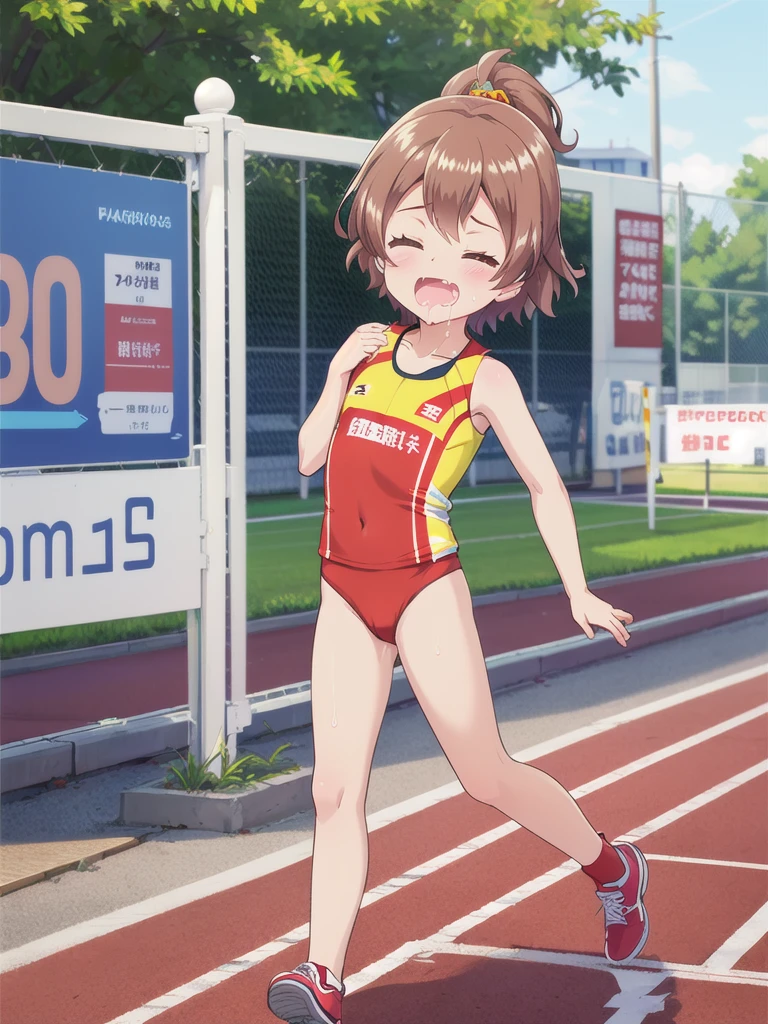 1girl,Outdoor,marathon,running,Close ~ eyes,orgasm,Dripping saliva,in heat,Track and field uniforms,Brown Hair, short hair, ponytail,Flat Chest,