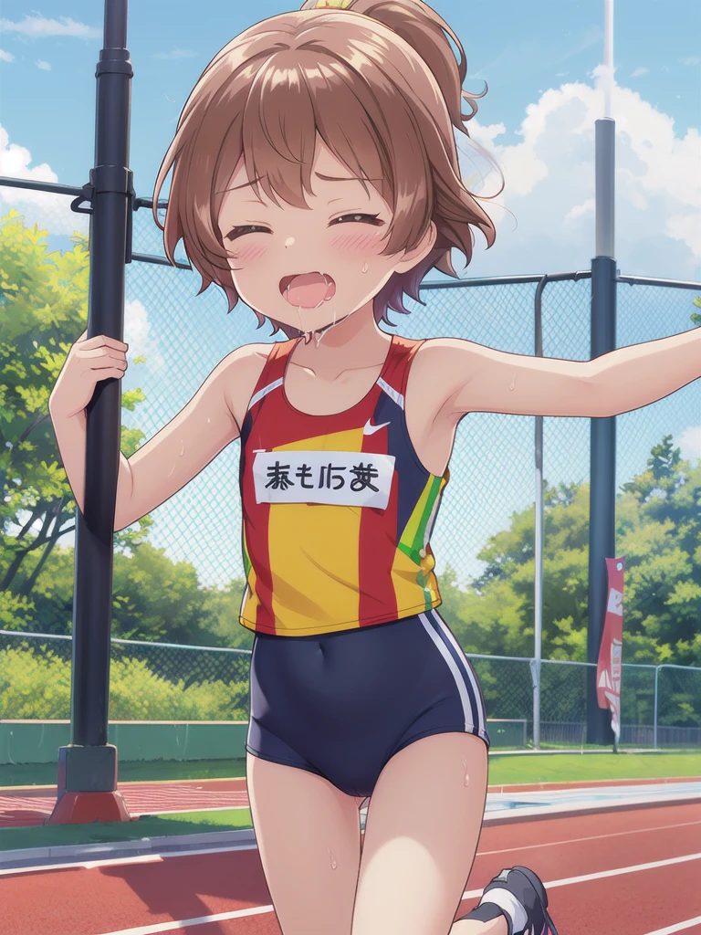 1girl,Outdoor,marathon,running,Close ~ eyes,orgasm,Dripping saliva,in heat,Track and field uniforms,Brown Hair, short hair, ponytail,Flat Chest,