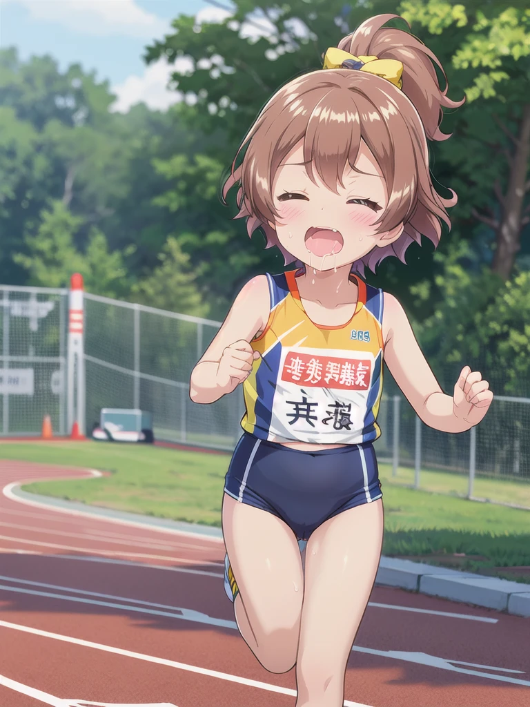 1girl,Outdoor,marathon,running,Close ~ eyes,orgasm,Dripping saliva,in heat,Track and field uniforms,Brown Hair, short hair, ponytail,Flat Chest,