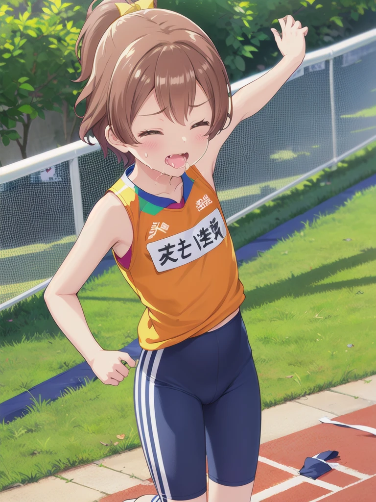 1girl,Outdoor,marathon,running,Close ~ eyes,orgasm,Dripping saliva,in heat,Track and field uniforms,Brown Hair, short hair, ponytail,Flat Chest,