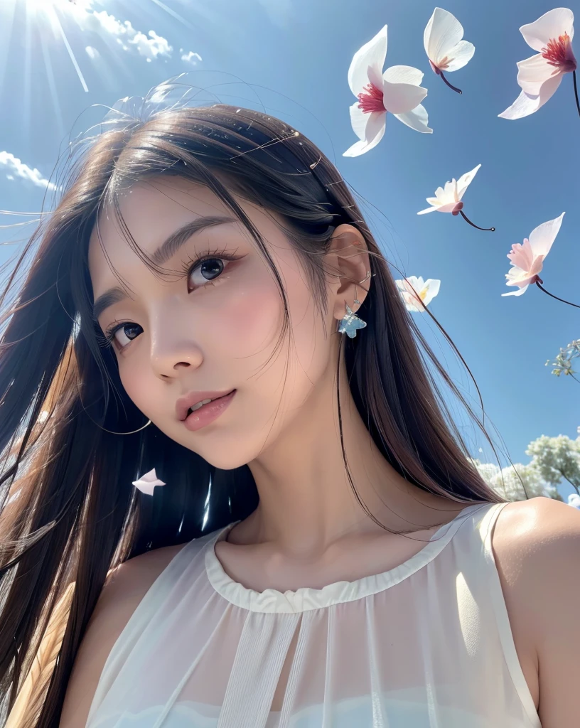 (Highest quality, 32k, High resolution, Masterpiece:1.5, ), marimo_jet, god々A photograph with brilliant dazzling and healing power., Evoking a sense of calm and elusive beauty, Expressing emotions, Have a rich imagination, Beautiful Japanese Girls, ((Low - Angle:1.4)), An exceptionally beautiful face, Small Face Beauty, Perfect Human Anatomy, Magical big eyes, Motherhood and generosity, Deep Love, fleeting smile, ((Shiny aquamarine hair:1.4)), Super long straight silk hair swaying in the wind, Asymmetrical bangs, Hair between the eyes, Transparent, soft white skin, Sharp eyebrows, Thin lashes, Natural Makeup, Cheek highlighter, Lips with fine detail, (White see-through camisole:1.4), High resolutionの完璧な鎖骨, High resolutionの美しい胸元, Slim figure with ample breasts, High resolutionの美しい太もも, ((Beautifully detailed skies:1.2)), ((Vibrant petal effect:1.3)), Professional photographer, Professional Lighting, Professional models, god秘的