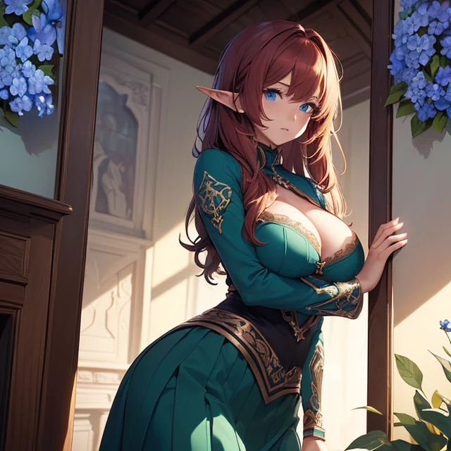 (masterpiece image, very detailed image, best high quality high definition image, carefully detailed textures and pixels, carefully detailed character and background, alone solo character)
{{1character: 700 years old bordeaux-red-haired elf milf: (fair skin, dark-blue eyes, straight-hair, absolute beauty, big breasts, voulptuous figure, huge butt, no sense of humor, always serious, intimidating), (blue flowers adornimg the hair, green shirt, dark green skirt), (monday at the neighbourhood)}}