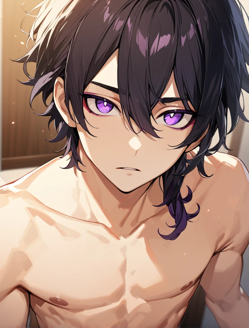 (black_hair), (long_male_hair), (deep_purple_eyes), (high_detailed_eyes), (attractive), (emotionless), (male), (long_male_hair), (detailed_Hair), (detailed), (detailed_mouth), (close_up), (vertical_slit_pupils), (indoors), (shirtless_naked_dick), (standing)
