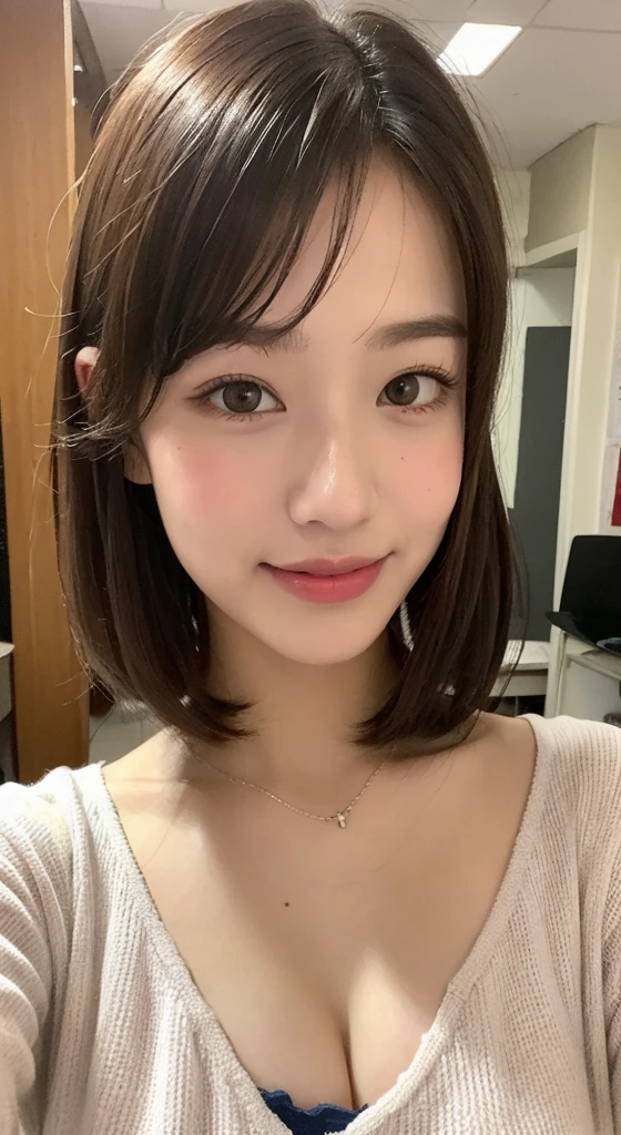 Very detailed 8k wallpaper)、sharp focus、in detail、Drama、Delicate and beautiful 、 student、Sheer white shirt、Dark blue pleated micro mini、ligh brown hair、short-cut、sexly、A smile、Peek at the viewer、Beautiful graphics、Bright school building、Full of students、Show me your whole body、large full breasts、Emphasis on the chest、teats、Selfie