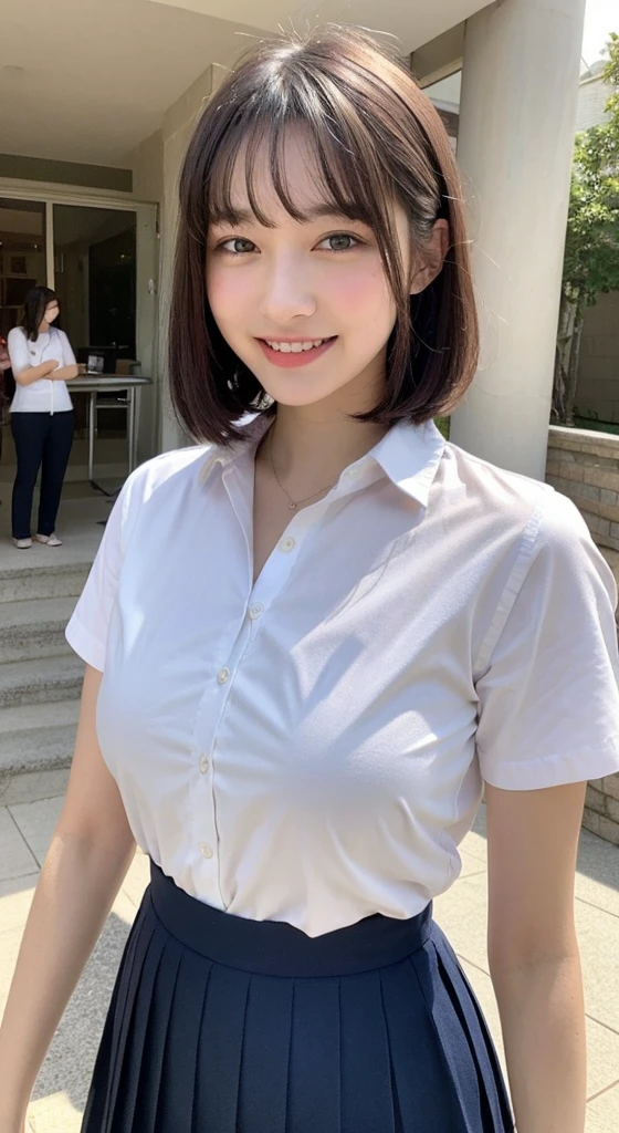 Very detailed 8k wallpaper)、sharp focus、in detail、Drama、Delicate and beautiful 、 student、Sheer white shirt、Dark blue pleated micro mini、ligh brown hair、short-cut、sexly、A smile、Peek at the viewer、Beautiful graphics、Bright school building、Full of students、Show me your whole body、large full breasts、Emphasis on the chest、teats、Selfie