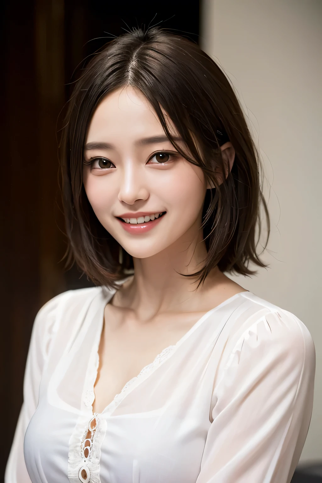 ((masterpiece)), ((Highest quality)), ((Complex)), ((Surreal)), (Realistic), (Mature Woman), ((There are no classes)), Very detailed, (1 female), Beautiful and exquisite, (Beautiful Teeth), Grin, Brunette Bob Hair, Brown eyes, ((blouse)), (Upper Body), (background:none), Perfect Eyes, Captivating eyes, Looking at the audience