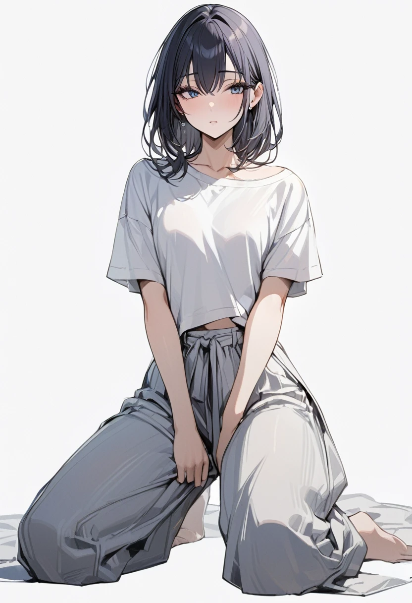 (delicate、masterpiece, Highest quality:1.2), 1 Girl, alone, Loose-fitting short-sleeved T-shirt, Relaxed wide pants , whole body, Simple Background, White background,Eyes open、Beautiful eyes