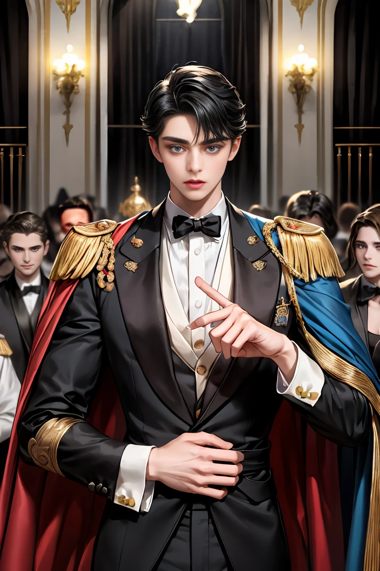 masterpiece, 最high quality, high quality, 1 boy, alone, Male focus, Watching the audience, Messy black hair, Adorable big blue eyes, White people, Noble, Noble,Sexy voluminous cape、tuxedo、vampire、A very voluminous red and black cape with a high stand-up collar, very voluminous, very big, very big, very long, reaching down to the floor, made of a lot of fabric., ,Cute beautiful boys,Cute, cute, kind, handsome guy