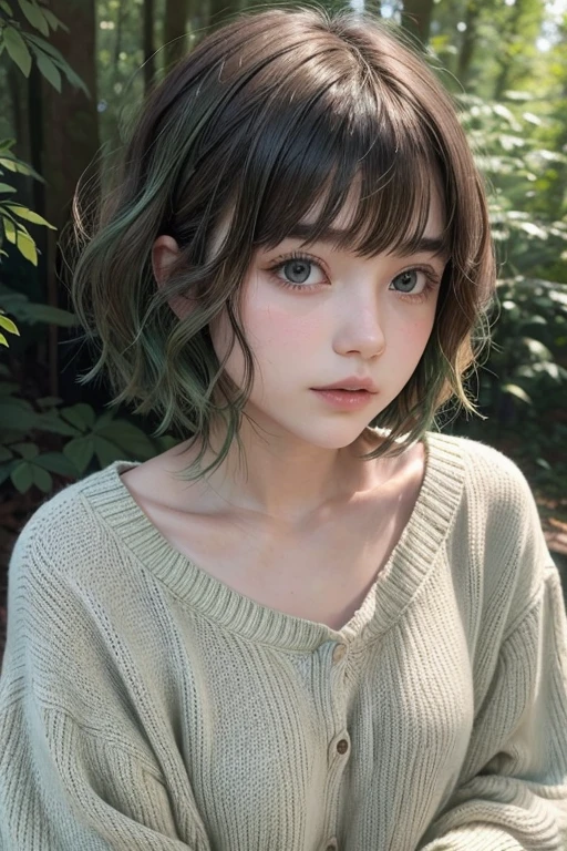 Image of a girl with short shaggy haircut. The bangs are divided in the middle, with the left side dyed forest green and the other its natural color. The hair style is wavy and defined
