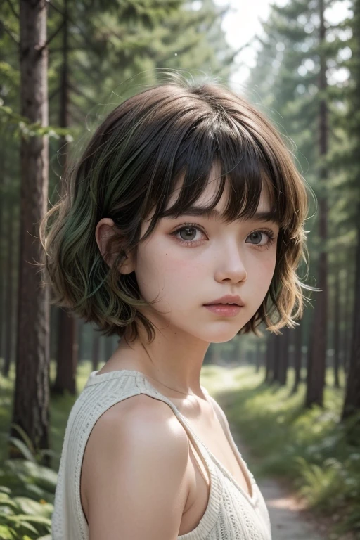 Image of a girl with short shaggy haircut. The bangs are divided in the middle, with the left side dyed forest green and the other its natural color. The hair style is wavy and defined