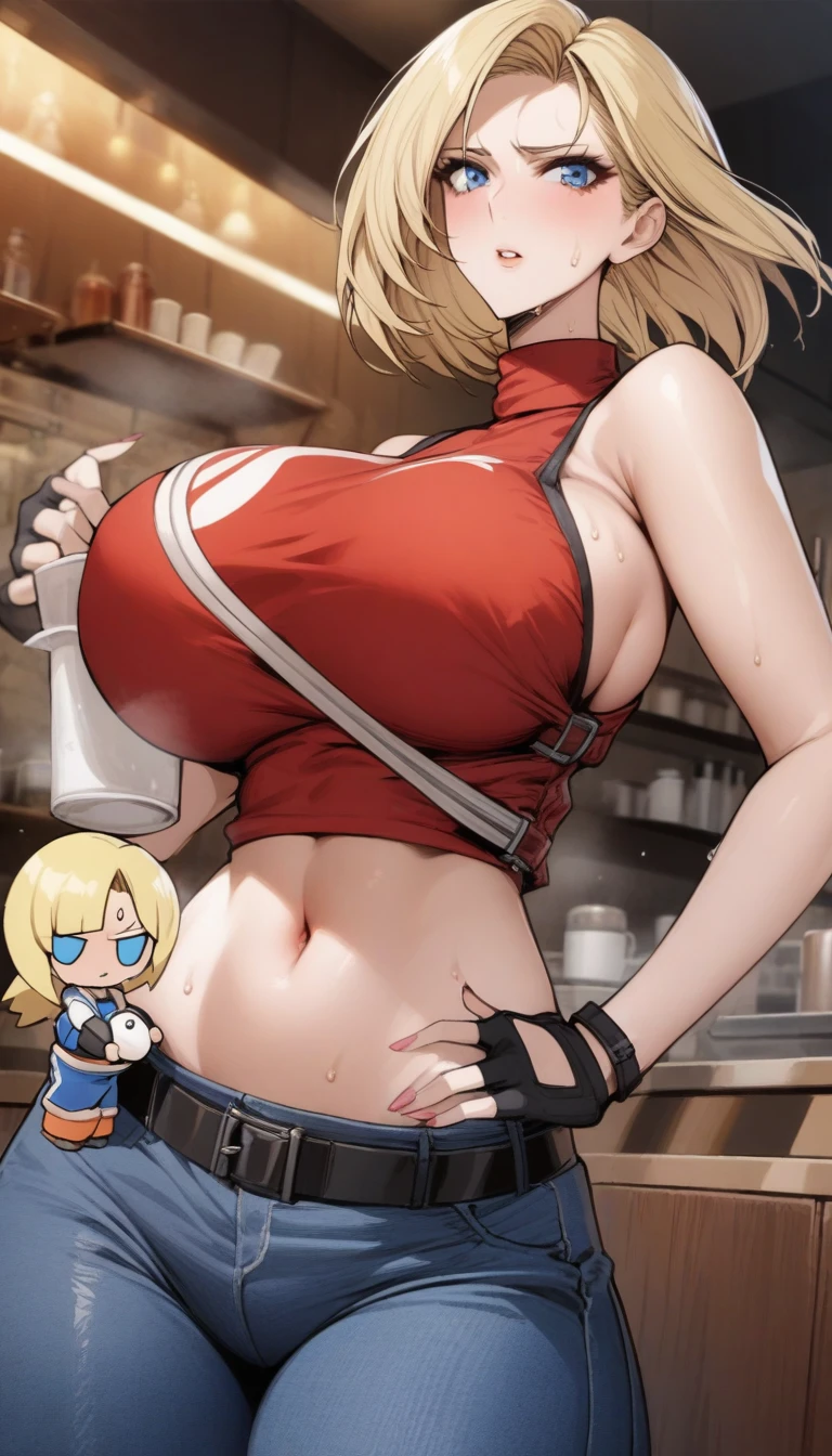 masterpiece, best quality, very aesthetic, absurdres, 1girl, mature_lady, hold a doll, 1girl holding a doll like herself,,blue_mary(fatal_fury), snk, the_king_of_fighters, 1girl, bare_shoulders, blonde_hair, blue_eyes,  short_hair, bob_cut, sweat,crop_top, fingerless_gloves, large_breasts, midriff, navel, red sleeveless_turtleneck, blue denim pants, belt,in a cafe,floating_hair