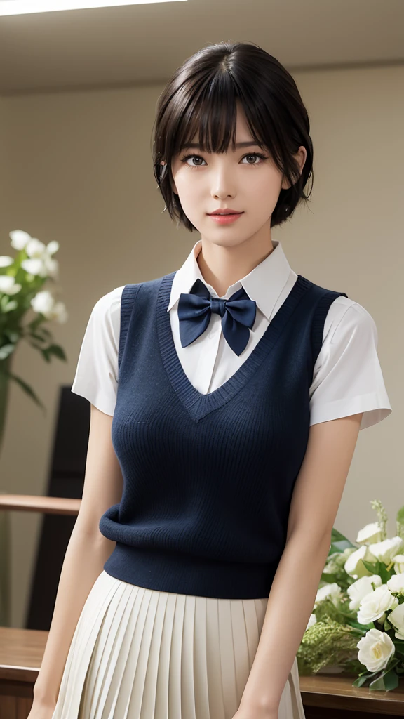 (masterpiece:1.2, Highest quality), (Realistic, photoRealistic:1.4), Beautiful illustrations, (Natural Side Lighting, Cinema Lighting), Written boundary depth, Looking at the audience, (Face Focus, Upper Body), Front view, 1 Girl, Japanese, high school girl, , Perfect Face, Symmetrical cute face, Shiny skin, (Bob Hair:1.7,Black Hair), Asymmetrical bangs, Big eyes, Droopy eyes, long eyelashes chest), thin, Beautiful Hair, Short Hair Beautiful Face, Beautiful and beautiful eyes, Beautiful clavicle, Beautiful body, Beautiful breasts, Beautiful thighs, Beautiful feet, Beautiful fingers, ((High quality fabric, brown knit vest, Short sleeve white collar shirt, Navy Pleated Skirt, Navy bow tie)), (Beautiful views), evening, (Inside the flower shop), Are standing, (smile, Excellent, Open your mouth), (From below:1.5),(Poor horizon:1.5)