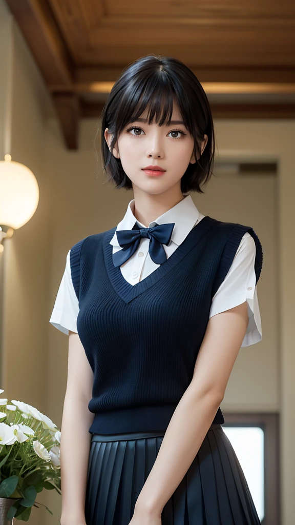 (masterpiece:1.2, Highest quality), (Realistic, photoRealistic:1.4), Beautiful illustrations, (Natural Side Lighting, Cinema Lighting), Written boundary depth, Looking at the audience, (Face Focus, Upper Body), Front view, 1 Girl, Japanese, high school girl, 15 years old, Perfect Face, Symmetrical cute face, Shiny skin, (Bob Hair:1.7,Black Hair), Asymmetrical bangs, Big eyes, Droopy eyes, long eyelashes chest), thin, Beautiful Hair, Short Hair Beautiful Face, Beautiful and beautiful eyes, Beautiful clavicle, Beautiful body, Beautiful breasts, Beautiful thighs, Beautiful feet, Beautiful fingers, ((High quality fabric, brown knit vest, Short sleeve white collar shirt, Navy Pleated Skirt, Navy bow tie)), (Beautiful views), evening, (Inside the flower shop), Are standing, (smile, Excellent, Open your mouth), (From below:1.5),(Poor horizon:1.5)