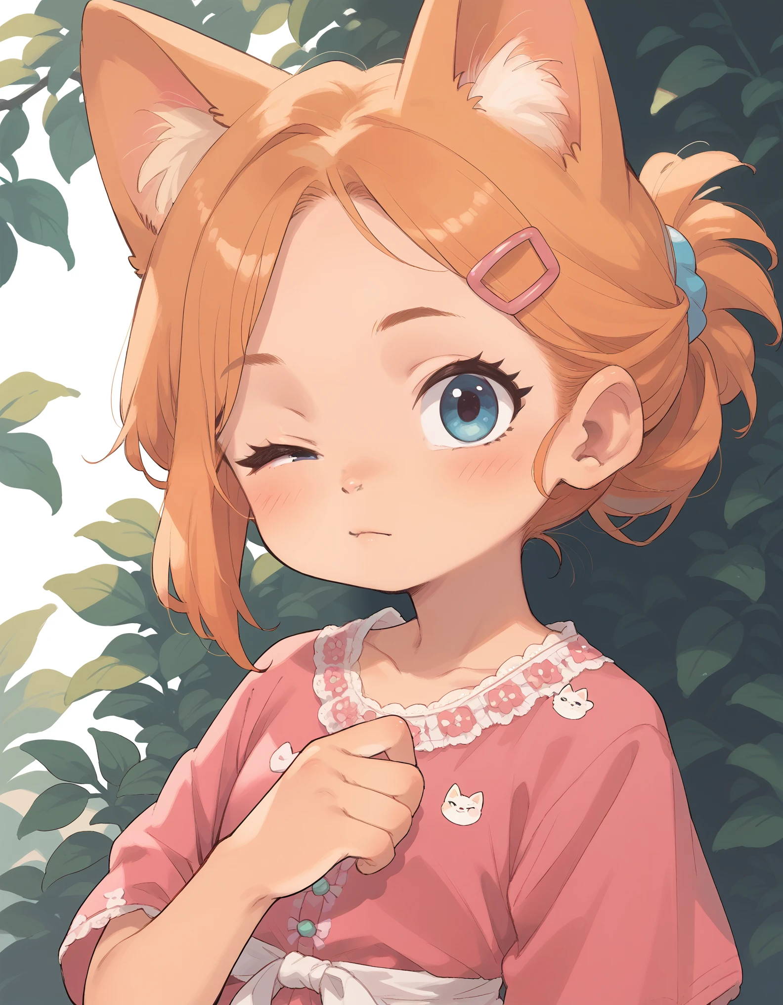 little fox, kid girlfox, yellow hair, ginger fur, blue eyes, cute kid, alone, face similar to Diane Foxington, kid , tied hair, pink dress, hair clips, sending, 1 eye closed