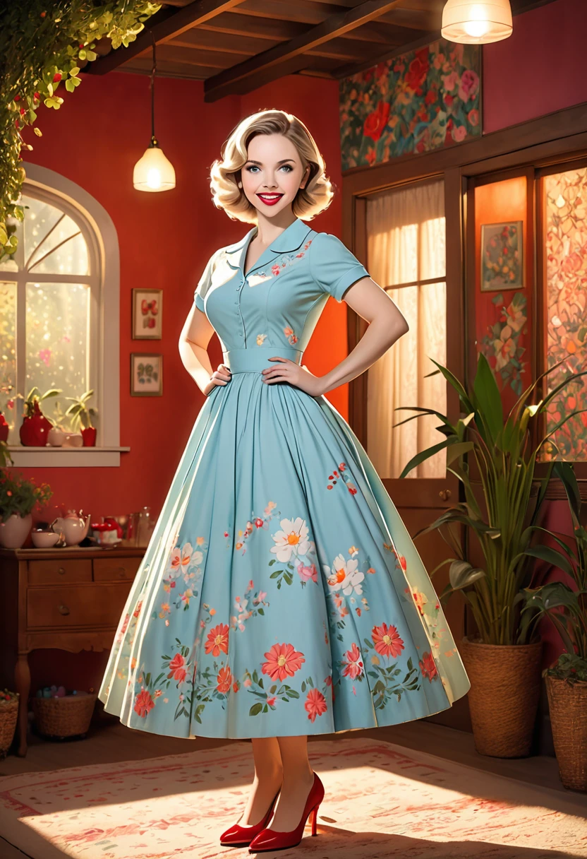 50s house wife. full length. featuring warm lighting and shadows. should be of the highest quality, a masterpiece with intricate details. Hands on hips. cute 50s house wife dress. Red high heels. She should have luscious lips, a wide smile, and bright, expressive eyes, exuding beauty, cuteness, and adorableness. Ensure the image is high resolution and sharply detailed, with a detailed and vibrant background. Scarlett Johanson, Alison Brie, Dove Cameron Incorporate mystical lighting in the background, creating a romantic and enchanting atmosphere. African American.
