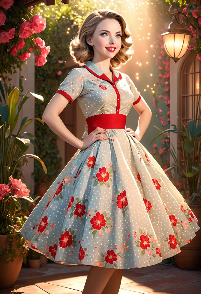 50s house wife. full length. featuring warm lighting and shadows. should be of the highest quality, a masterpiece with intricate details. Hands on hips. cute 50s house wife dress. Red high heels. She should have luscious lips, a wide smile, and bright, expressive eyes, exuding beauty, cuteness, and adorableness. Ensure the image is high resolution and sharply detailed, with a detailed and vibrant background. Scarlett Johanson, Alison Brie, Dove Cameron Incorporate mystical lighting in the background, creating a romantic and enchanting atmosphere. African American.