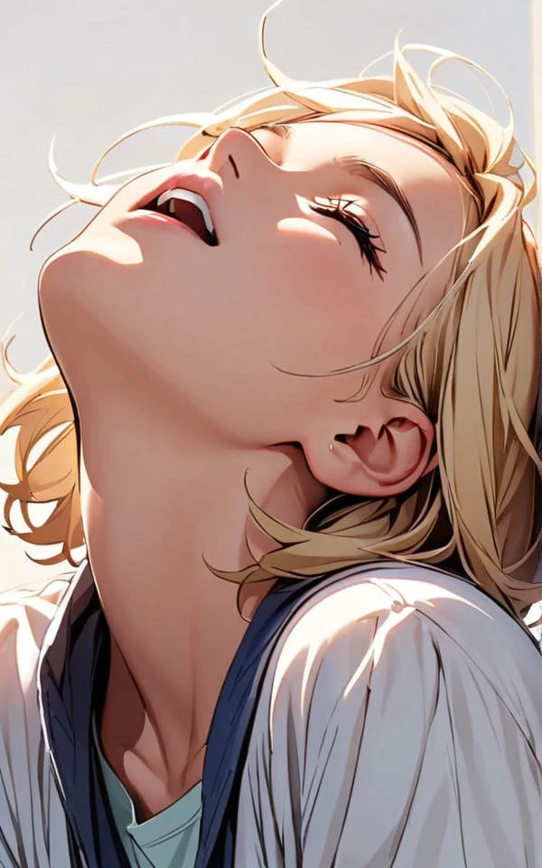 close-up, face, open mouth, looking up, closed eyes, short hair,sitting, simple background