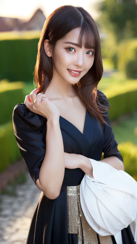 High resolution CG unity wallpaper 8k, top-quality, Piece Table, Realistic, hyper realistic photography, Highly detailed beautiful woman 1 girl, beautiful vintage colors, instagram (photorealistic, high res: 1.4), ((swollen eyes)), staring viewer, full body (8k, RAW photo, highest quality, masterpiece: 1.2), (realistic, photorealistic) :1.37), (sharp focus :1.2), Professional Lighting, Photon Mapping, Radiosity, Physically Based Rendering, (White Skin: 1.2), Viewer's Eye, (Middle Hair: 1.5), Portrait, Purple Eyes, (Brown Hair: 1.1), Forelock, (Aristocratic Garden Background: 1.4), Solo, Upper Body, Realistic, (Masterpiece:) 1.4), (Top Quality: 1.4), (Glossy Skin), Fashion Girl, Makeup, Smile (Skinny, Closed Mouth, Shy: 1.3), (Standing, Gothic Lolita Costume, Necromancer: 1.1), Medium Bust, Sexy Pose, Sunrise, Japanese,
