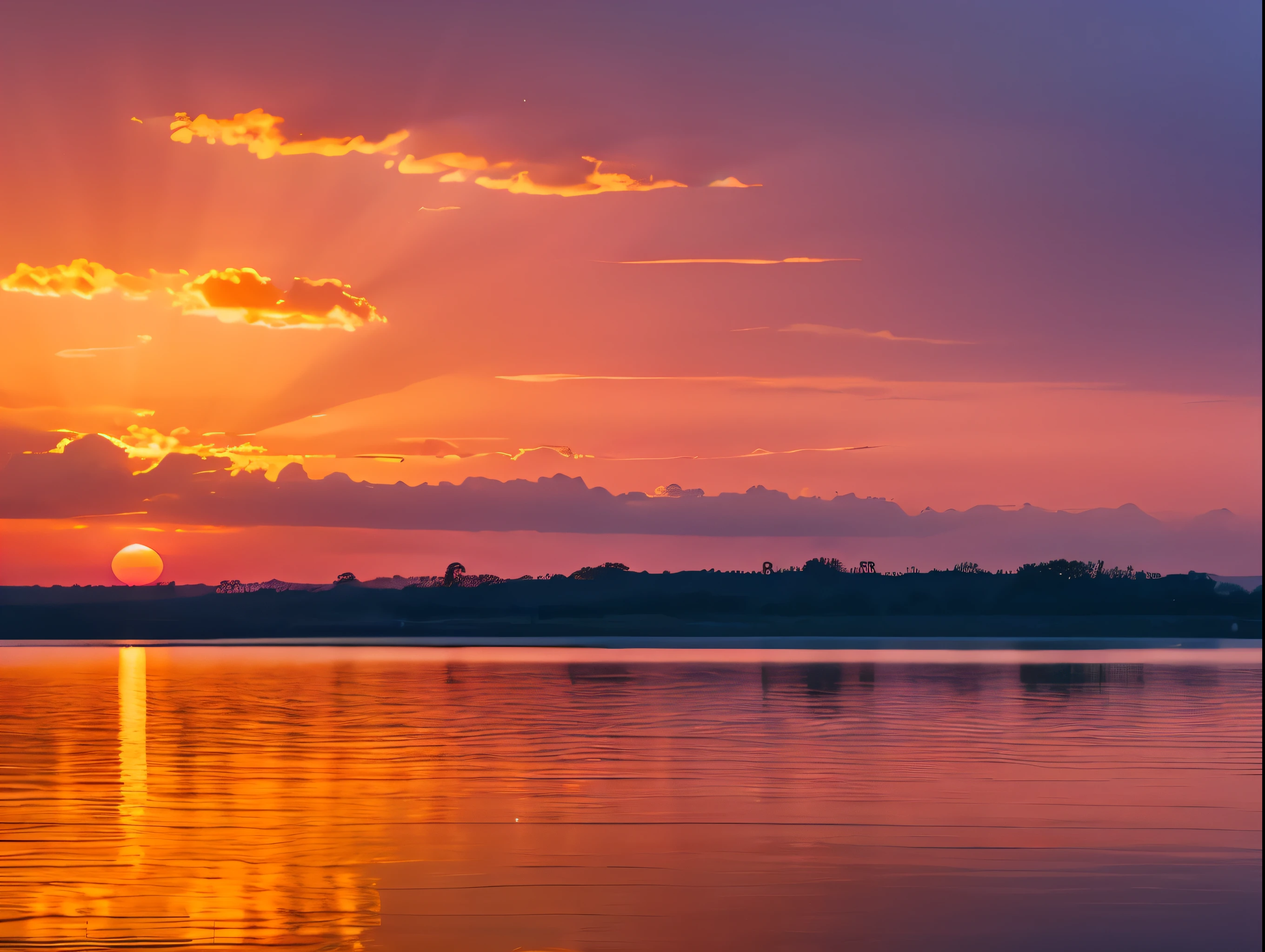 A breathtakingly vibrant sunset casts a golden glow over the serene river, capturing the beauty of nature at its most exquisite. The sky is painted in hues of pink, orange, and purple, creating a mesmerizing scene that seems to radiate warmth and tranquility. This stunning photograph beautifully captures the essence of a peaceful evening by the water, offering a truly captivating and high-quality visual experience.