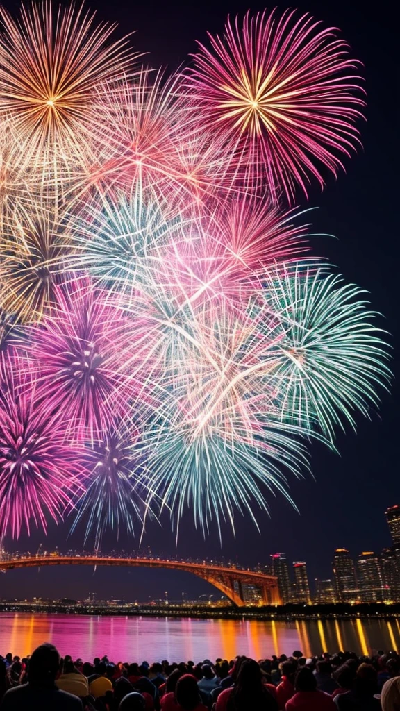 「Nagaoka Fireworks Festival in Japanで打ち上げられるPhoenix Fireworksを描いてください。Massive fireworks spreading across the night sky、Vibrant colorsでフェニックスの形を描き出し、The wings spreadingがリアルに表現されています。In the background is a starry sky and faint moonlight.、The reflection of the river in the distance enhances the beauty of the fireworks.。Please include a scene where the audience is looking up in excitement.。」
### Prompt Summary 1. **Events and Locations**: 「Nagaoka Fireworks Festival in Japan」
2. **Certain fireworks**: 「Phoenix Fireworks」
3. **detail**:
- Fireworks Colors(Vibrant colors)
- Phoenix Shape(The wings spreading)
4. **Background features**:
- Starry sky and faint moonlight - River reflection 5. **Audience reaction**: 「The audience is moved and looking up」