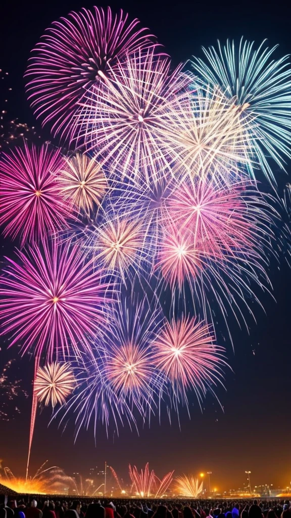 「Nagaoka Fireworks Festival in Japanで打ち上げられるPhoenix Fireworksを描いてください。Massive fireworks spreading across the night sky、Vibrant colorsでフェニックスの形を描き出し、The wings spreadingがリアルに表現されています。In the background is a starry sky and faint moonlight.、The reflection of the river in the distance enhances the beauty of the fireworks.。Please include a scene where the audience is looking up in excitement.。」
### Prompt Summary 1. **Events and Locations**: 「Nagaoka Fireworks Festival in Japan」
2. **Certain fireworks**: 「Phoenix Fireworks」
3. **detail**:
- Fireworks Colors(Vibrant colors)
- Phoenix Shape(The wings spreading)
4. **Background features**:
- Starry sky and faint moonlight - River reflection 5. **Audience reaction**: 「The audience is moved and looking up」