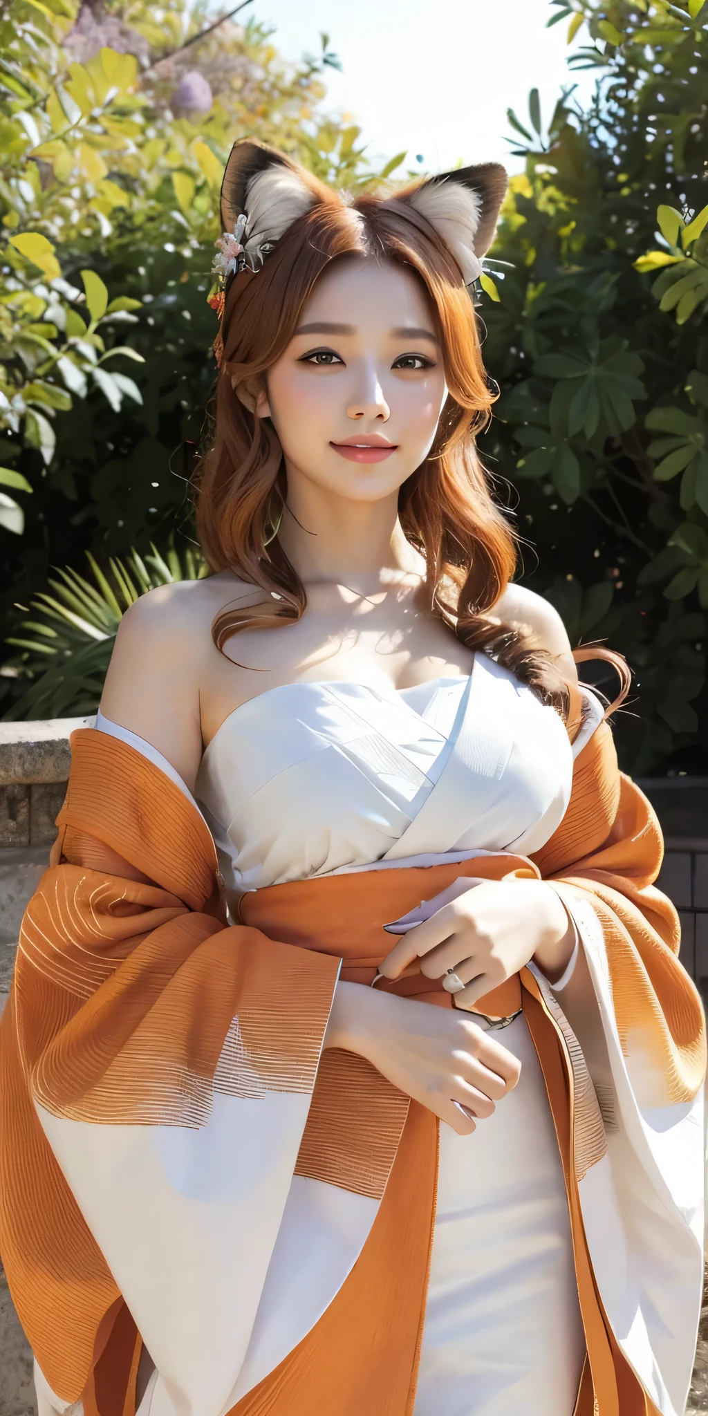 masterpiece, best quality, highly detailed, 1girl, solo, (:3:0.9), animal ear fluff, animal ears, orange hair, fluffy hair, blush, brown eyes, flower, fox ears, fox girl, gradient, gradient background, hair flower, hair ornament, japanese clothes, kimono, looking at viewer, miko, smile, solo, white kimono, beautiful lighting