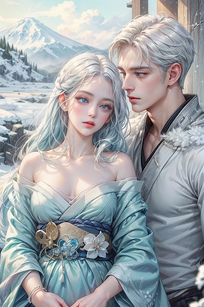 beautiful detailed eyes, beautiful detailed lips, long eyelashes, 1 girl, snow spirit, japanese folklore, white hair, ice blue eyes, detailed snowy landscape, intricate ice crystals, glowing ice magic, ethereal lighting, soft pastel colors, cinematic composition, award winning digital art, best quality, 8k, highres, masterpiece, ultra-detailed, realistic, photorealistic
