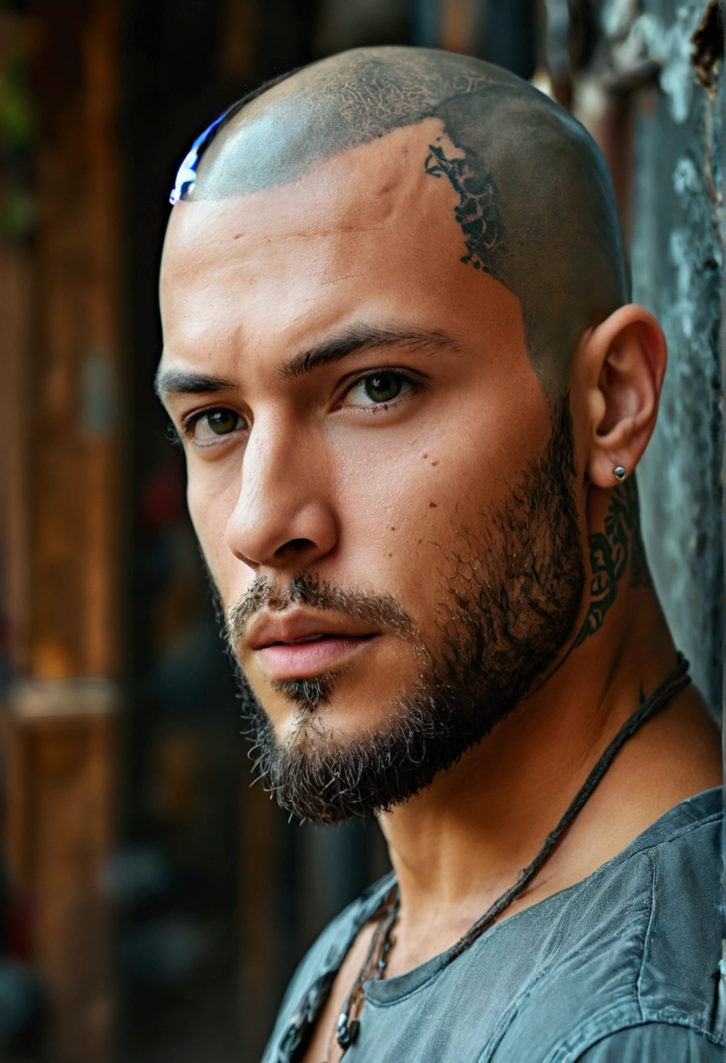 Bald man with no hair, Short beard and grey shirt posing for a photo, tattoo, Tattooed man, Attractive man, Handsome, Attractive man, Beautiful and attractive face, Beautiful and attractive, Attractive young man, Slim man with light tanned skin., Handsome, shoulder-length brown hair, Male Model, Perfect pretty face, Strong masculine traits, Detailed face, Square chin, Kan Yaman 8k
