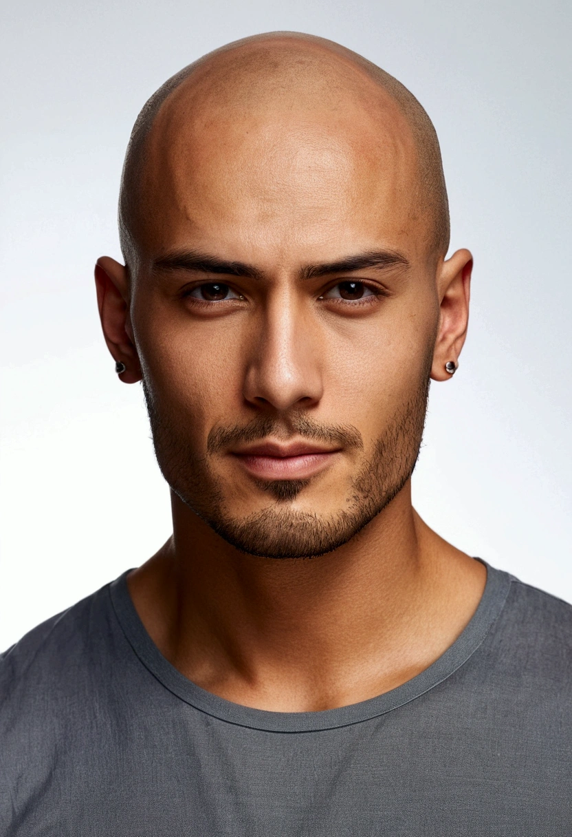 Bald man with no hair, Short beard and grey shirt posing for a photo, tattoo, Tattooed man, Attractive man, Handsome, Attractive man, Beautiful and attractive face, Beautiful and attractive, Attractive young man, Slim man with light tanned skin., Handsome, shoulder-length brown hair, Male Model, Perfect pretty face, Strong masculine traits, Detailed face, Square chin, Kan Yaman 8k