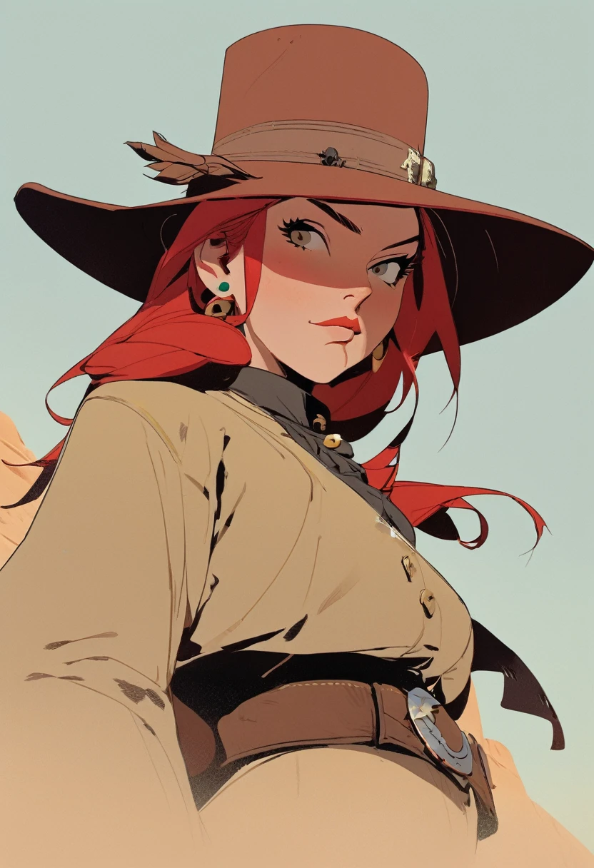 score_9, score_8_up, score_7_up, score_6_up, score_5_up, score_4_up, 1man, Western, Desert, Dark night, Horizon, far away, Wild West, red dead Redemption, cartoon art style, Red hair with two strands popping out at the front, Hair bun, Thick mustache, solo, male, Revolver, Gunslinger, cowboy hat, Rude, Masculinity, honor, Fearless look