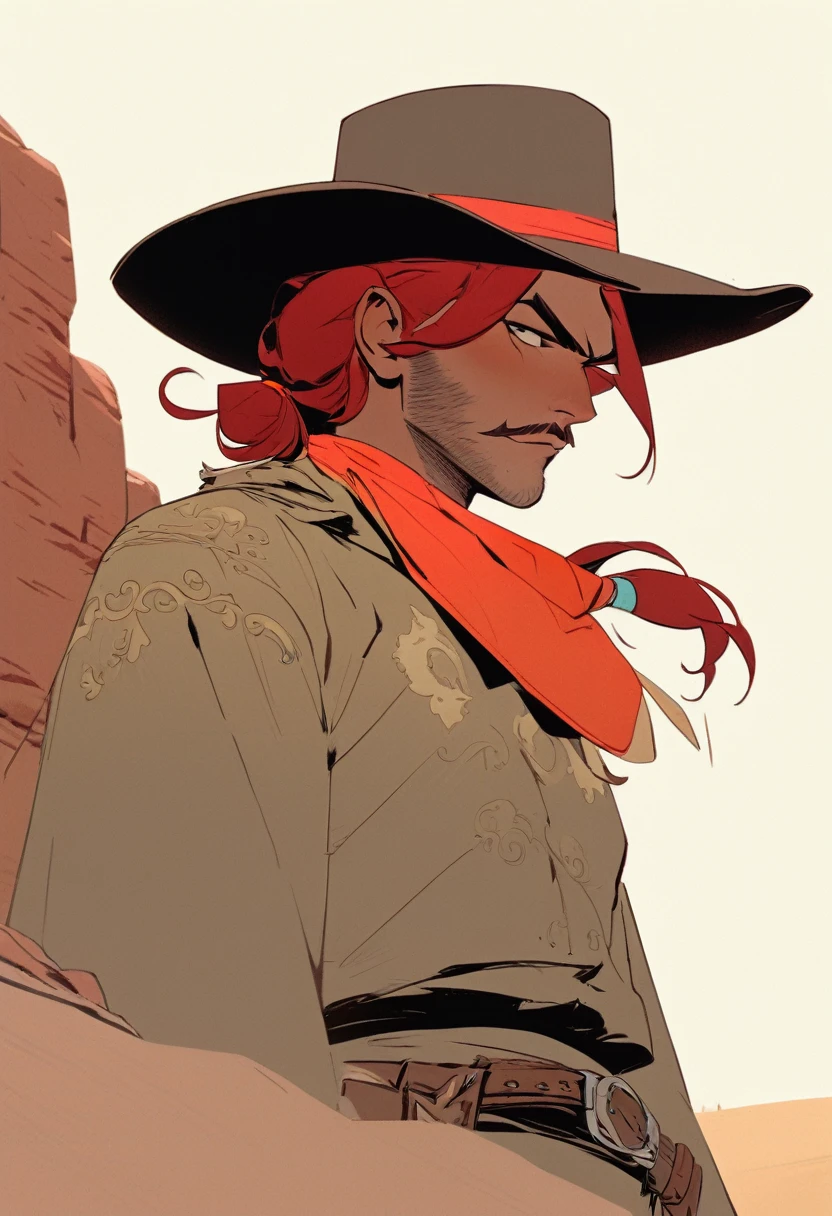 score_9, score_8_up, score_7_up, score_6_up, score_5_up, score_4_up, 1man, Western, Desert, Dark night, Horizon, far away, Wild West, red dead Redemption, cartoon art style, Red hair with two strands popping out at the front, Hair bun, Thick mustache, solo, male, Revolver, Gunslinger, cowboy hat, Rude, Masculinity, honor, Fearless look 
