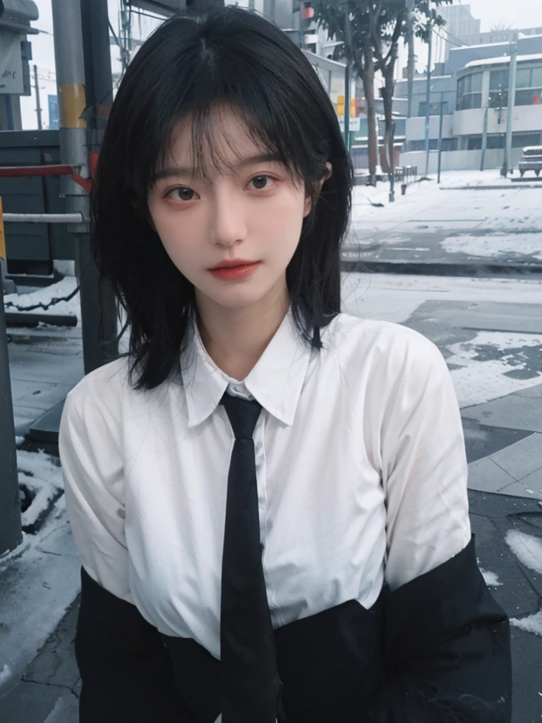 Best quality，masterpiece，Ultra-high resolution，snow，16K,Snow background，（Photo Realism：1.4),1 Girl，JK，Sexy，（Shirt and Tie：1.2),（Big breasts：1.3),（Upper body：1.4)