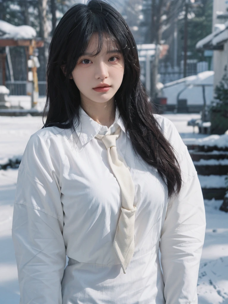 Best quality,masterpiece,Ultra-high resolution,snow,16K,Snow background,(Photo Realism:1.4),1 Girl,JK,Sexy,(Shirt and Tie:1.2),(Big breasts:1.3),(Upper body:1.4)