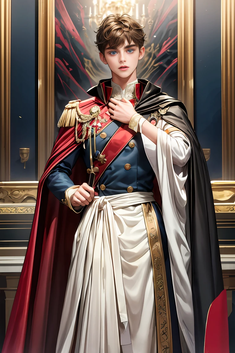 masterpiece, 最high quality, high quality, 1 boy, alone, Male focus, Watching the audience, Messy brown hair, Adorable big blue eyes, White people, Noble, Noble,Sexy voluminous cape、vampire、A very voluminous, large, very large, very large, long, long red and black cape with a high stand-up collar, made of a lot of fabric that reaches down to the floor., 17 years old,Cute beautiful boys,Cute, cute, kind, handsome guy