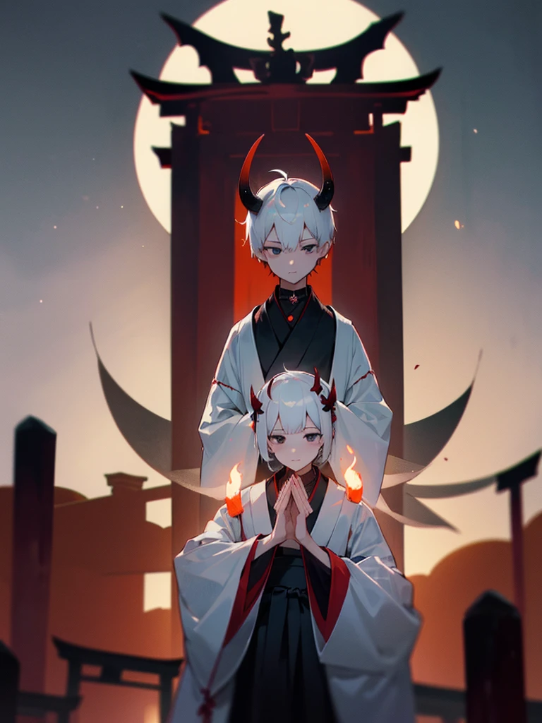 Demon, black eyes, horns, white short hair, black clothes, torii gate, man, full moon, hands together in prayer