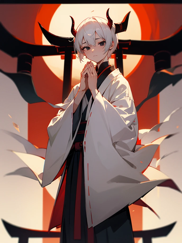 Demon, black eyes, horns, white short hair, black clothes, torii gate, man, full moon, hands together in prayer