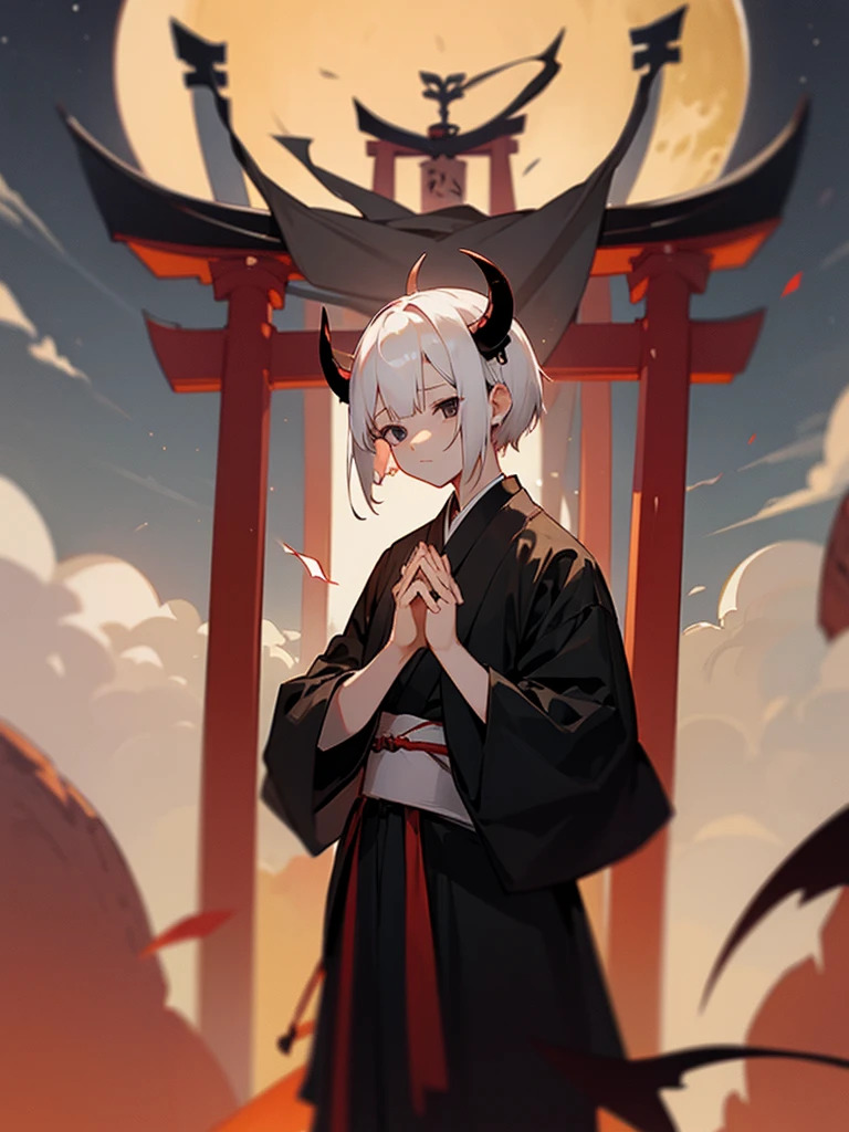 Demon, black eyes, horns, white short hair, black clothes, torii gate, man, full moon, hands together in prayer