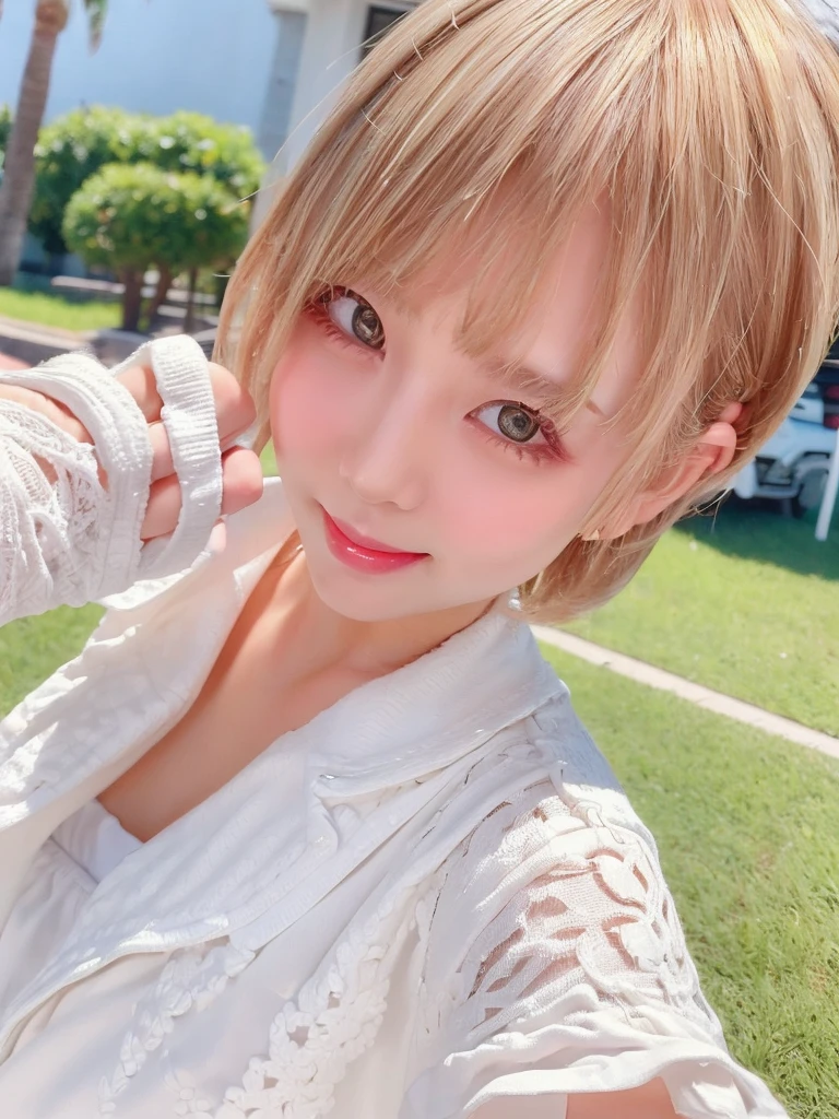 A girl with white skin and short hair。Blonde hair, big dark eyes, wearing summer clothes, sophisticated touch, full upper body, Pulling back,Her appearance will be impressive, Smiling and very cute,Attracts curious and inquisitive gazes.Selfie style,masterpiece, Attention to detail, high quality, 4K.